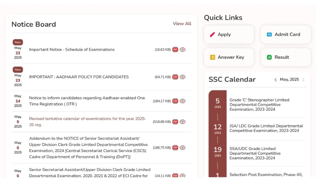 SSC Exam Calendar 2025